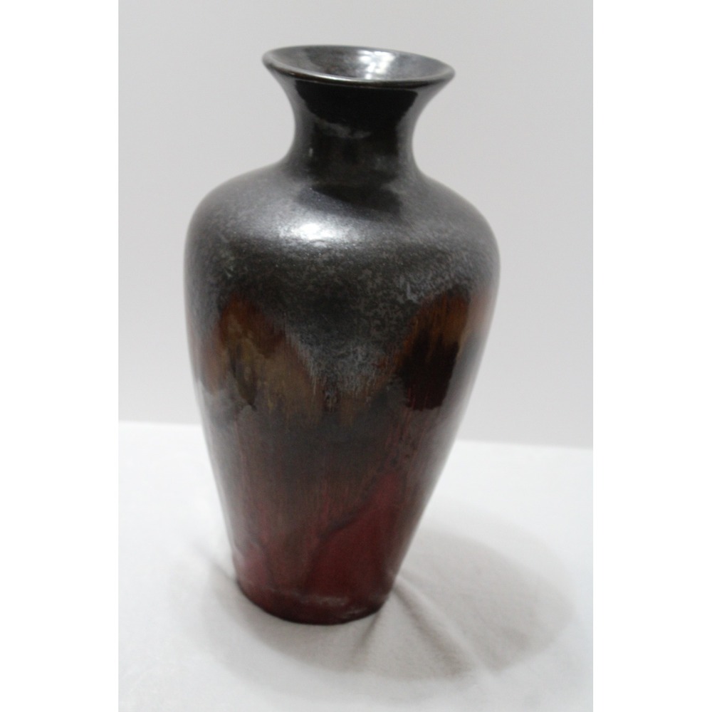 Large 17.5" Ceramic Drip Glaze Floor Vase Metallic Black Red Artisan Pottery